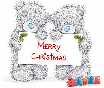 Серые мишки с плакатом на котором написано "Merry Christmas" ( Счастливого рождества )